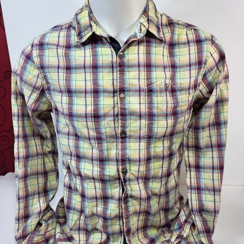 Guess Yellow Plaid Collared Button Up Shirt